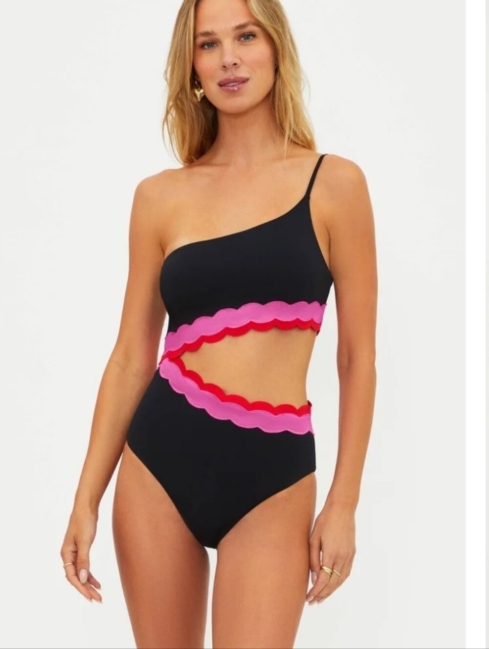 New!Beach Riot Liora Black One-Shoulder Cutout One-Piece Electric Wave